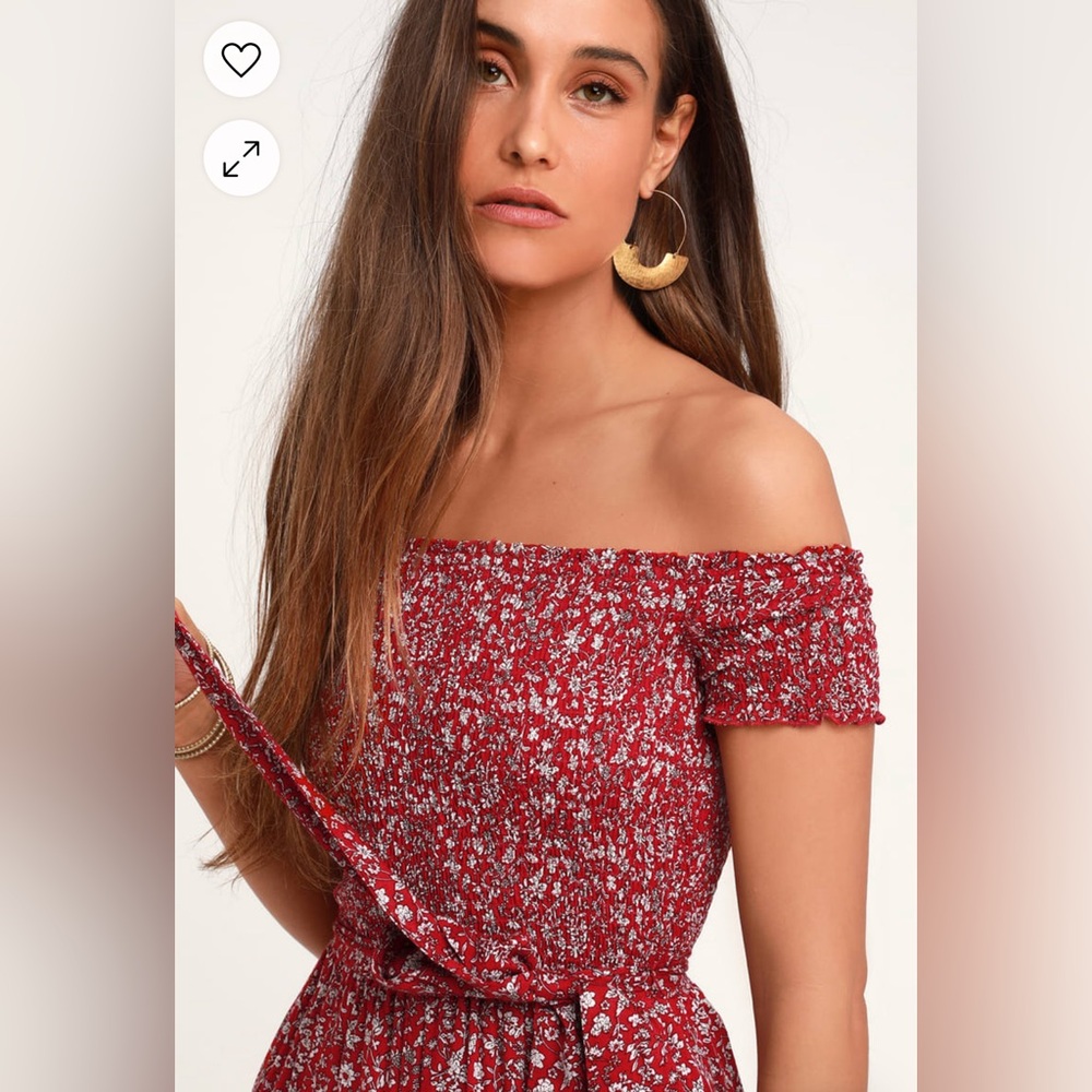 Lulu’s Behold Red Floral Print Off-the-Shoulder Jumpsuit, Size Large